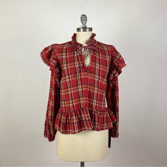Blank NYC Ruffle Plaid Print Keyhole Shirt - Picture 2 of 8